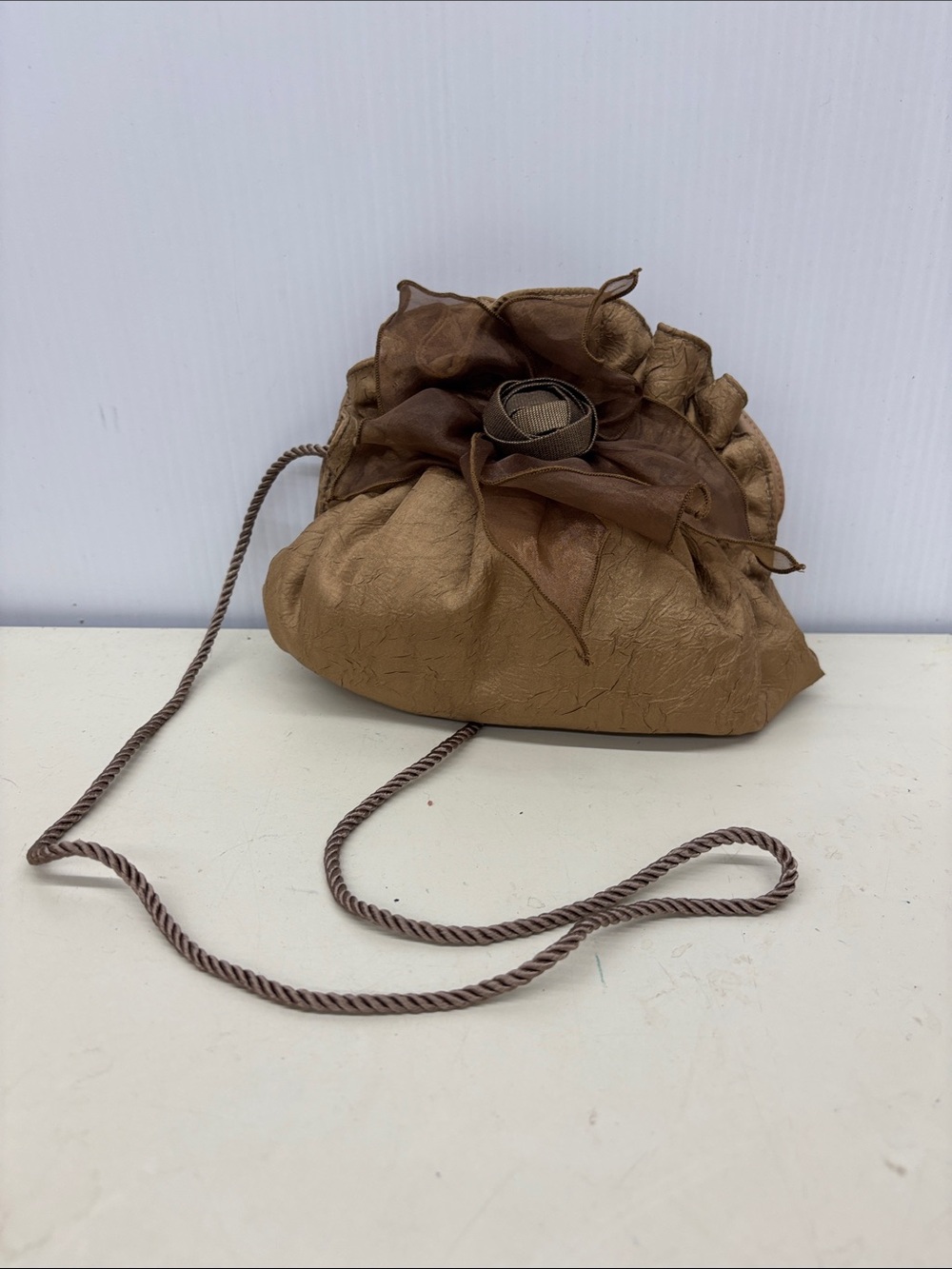 Brown Floral Drawstring Mini Bag